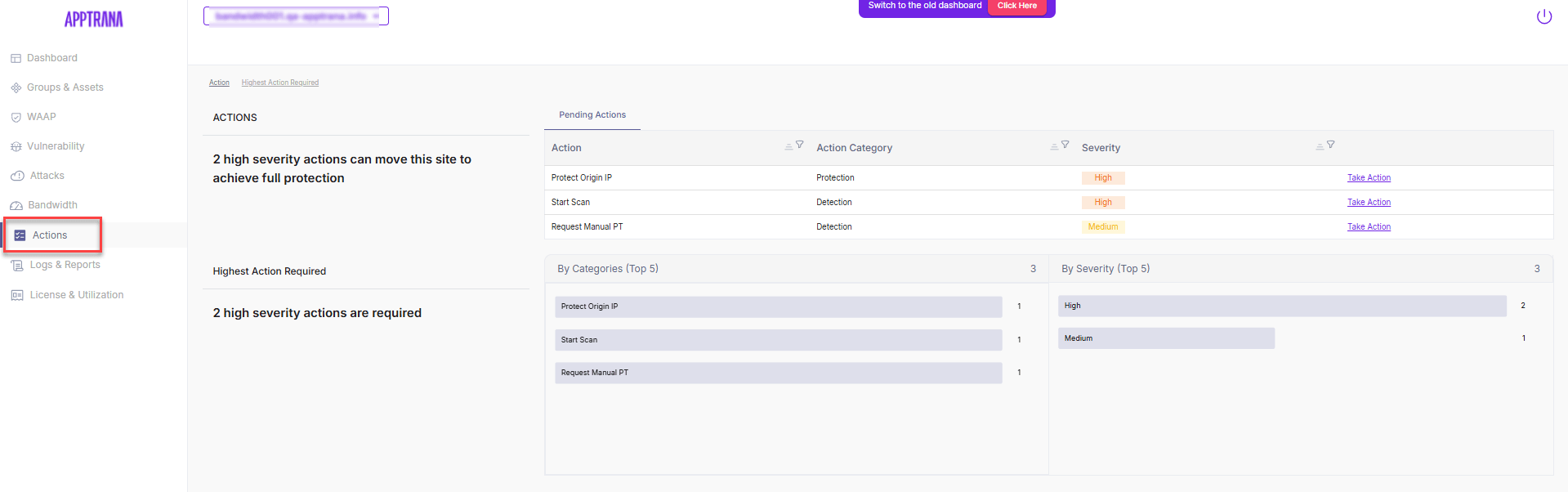 AppTrana WAAP Dashboard - action center