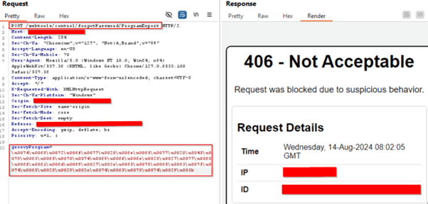 CVE-2024-38856 - Decoded payload running 'whoami' command, showcasing AppTrana's prevention of unauthorized code execution.