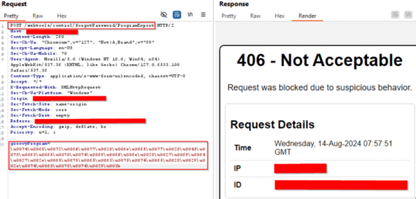 CVE-2024-38856-POC example showing how AppTrana blocks unauthorized commands