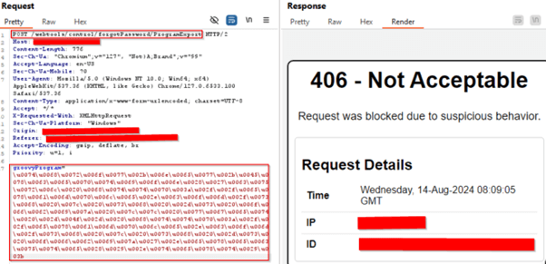 An example of a POST request related to CVE-2024-38856. The request body contains an encoded payload executing a remote script, with the resulting output displayed.