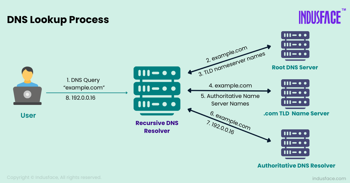 DNS lookup process, showing user request to DNS servers to retrieve domain IP address.