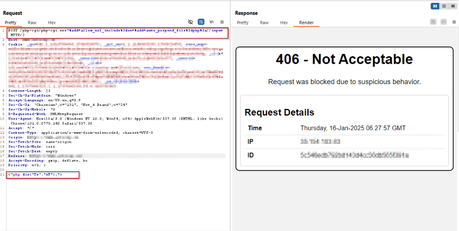 AppTrana WAAP blocking a cryptocurrency mining attack exploiting a PHP vulnerability - Payload 4